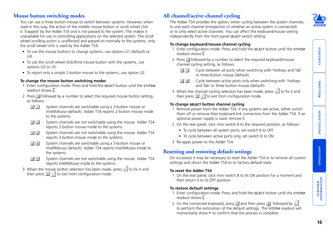 Adder Technology Adder TS4 manual Mouse button switching modes, All channel/active channel cycling 