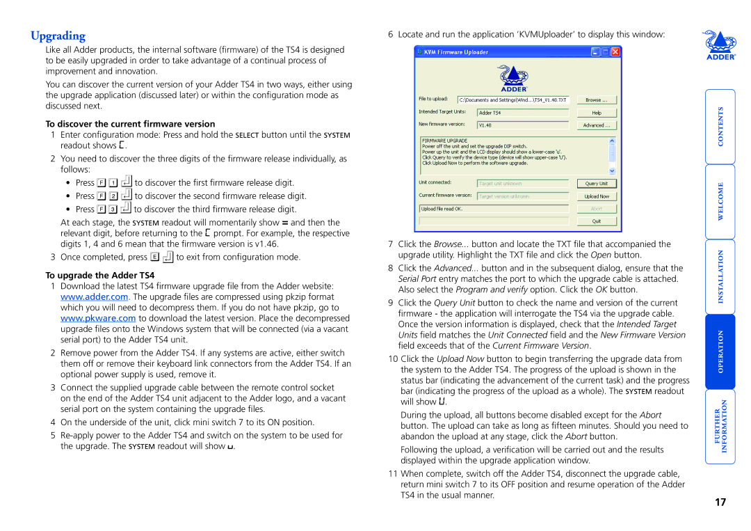 Adder Technology manual Upgrading, To discover the current firmware version, To upgrade the Adder TS4 