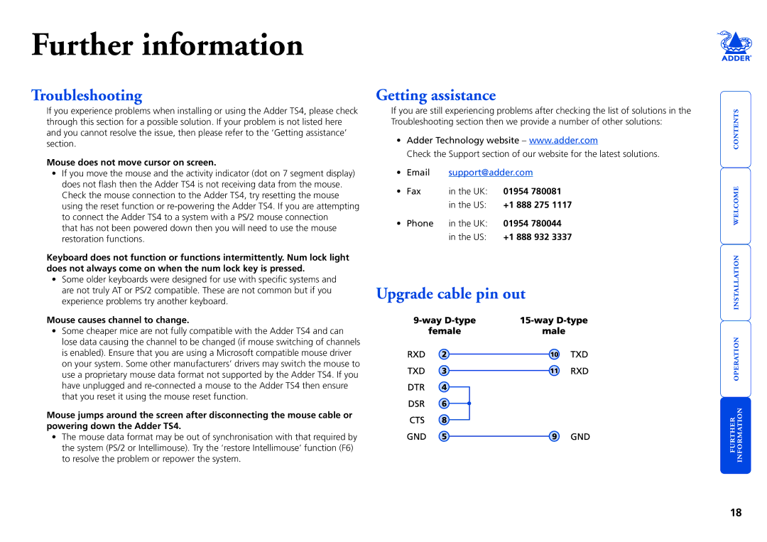 Adder Technology Adder TS4 manual Further information, Troubleshooting, Getting assistance, Upgrade cable pin out 