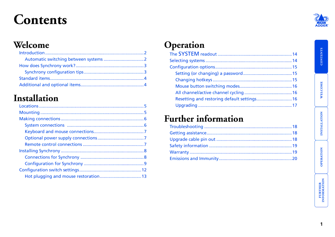 Adder Technology Adder TS4 manual Contents 