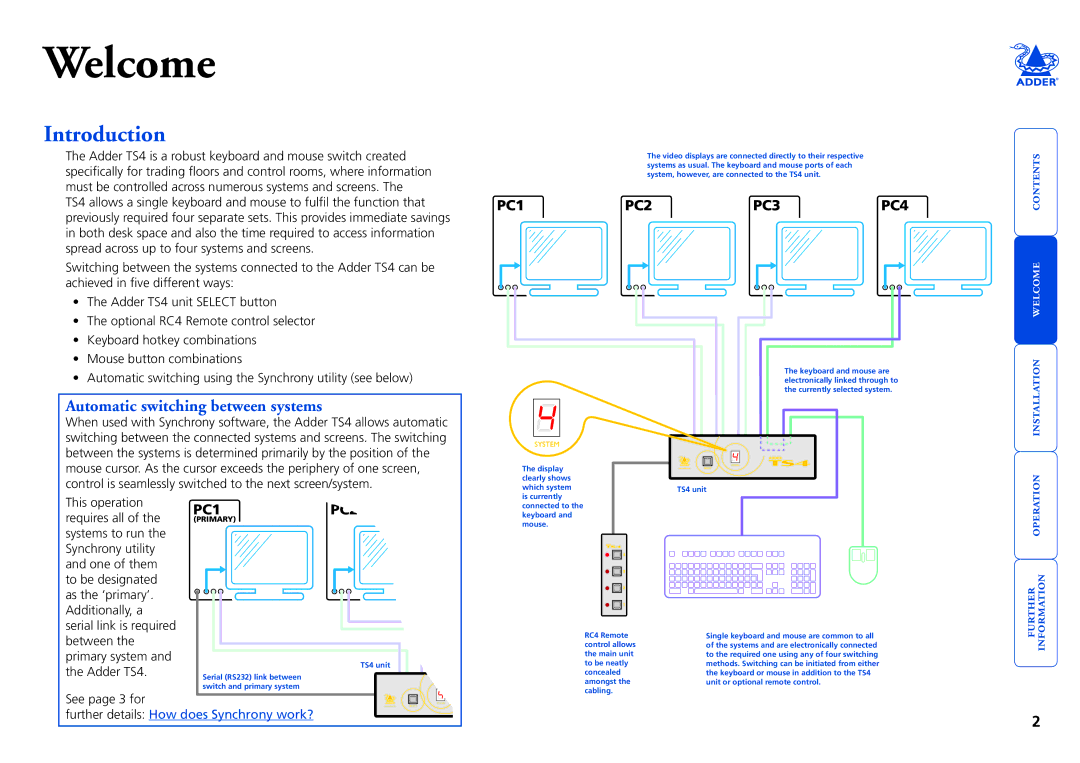 Adder Technology Adder TS4 manual Welcome, Introduction 