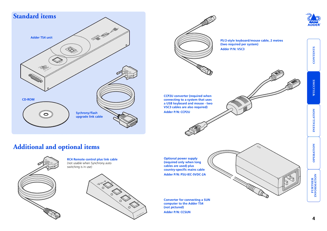 Adder Technology Adder TS4 manual Standard items, Additional and optional items 