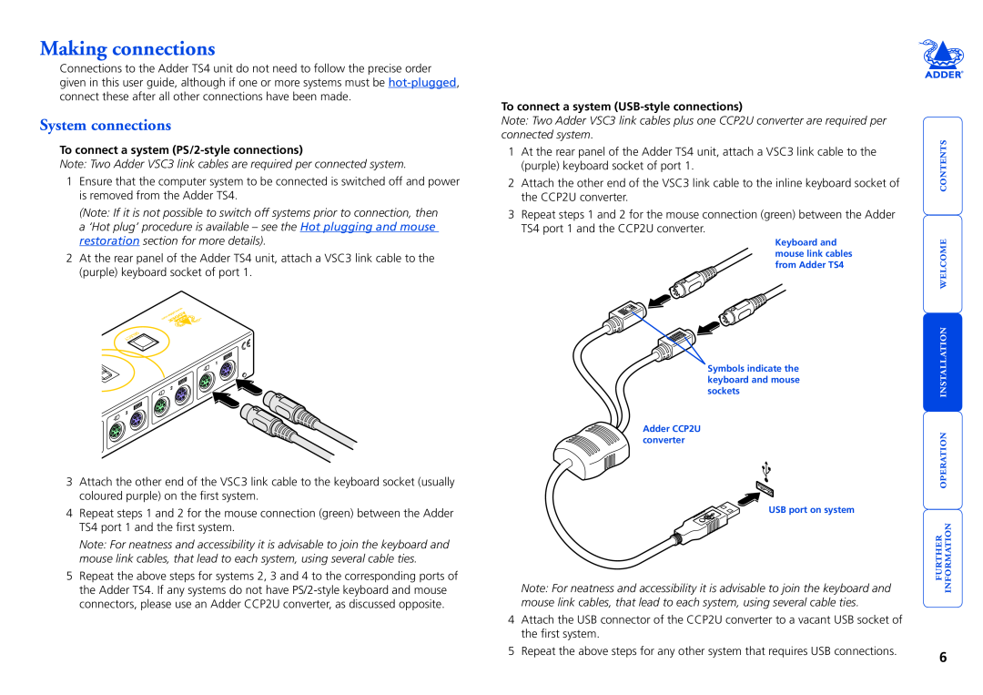 Adder Technology Adder TS4 manual Making connections, System connections, To connect a system PS/2-style connections 