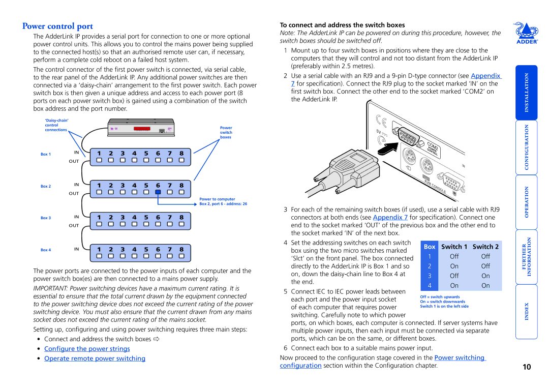 Adder Technology AdderLink IP manual Power control port, To connect and address the switch boxes 