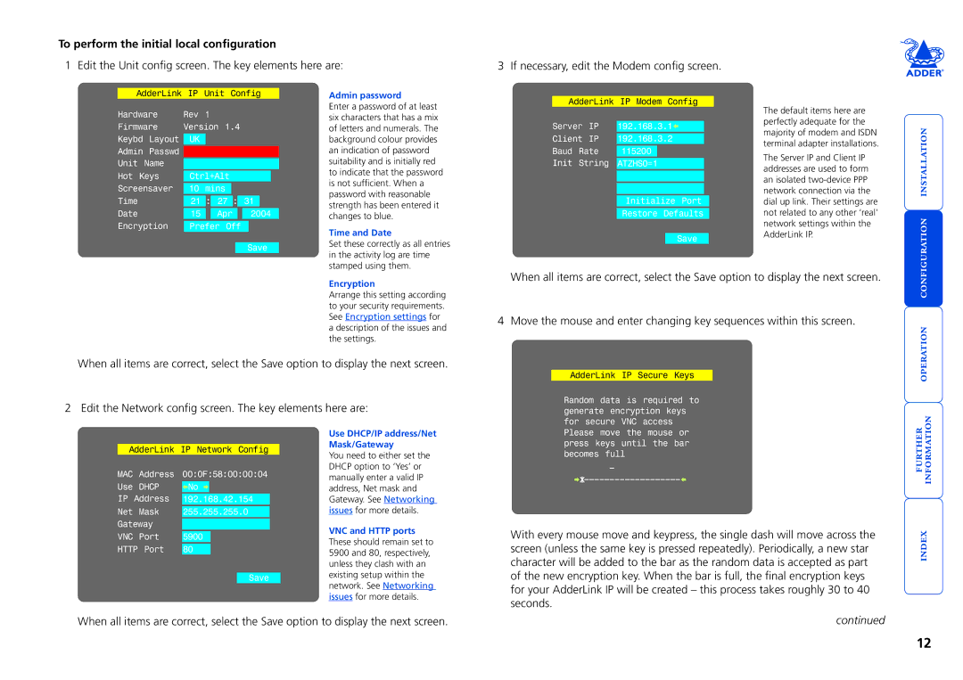 Adder Technology AdderLink IP manual To perform the initial local configuration, Admin password, Time and Date, Encryption 