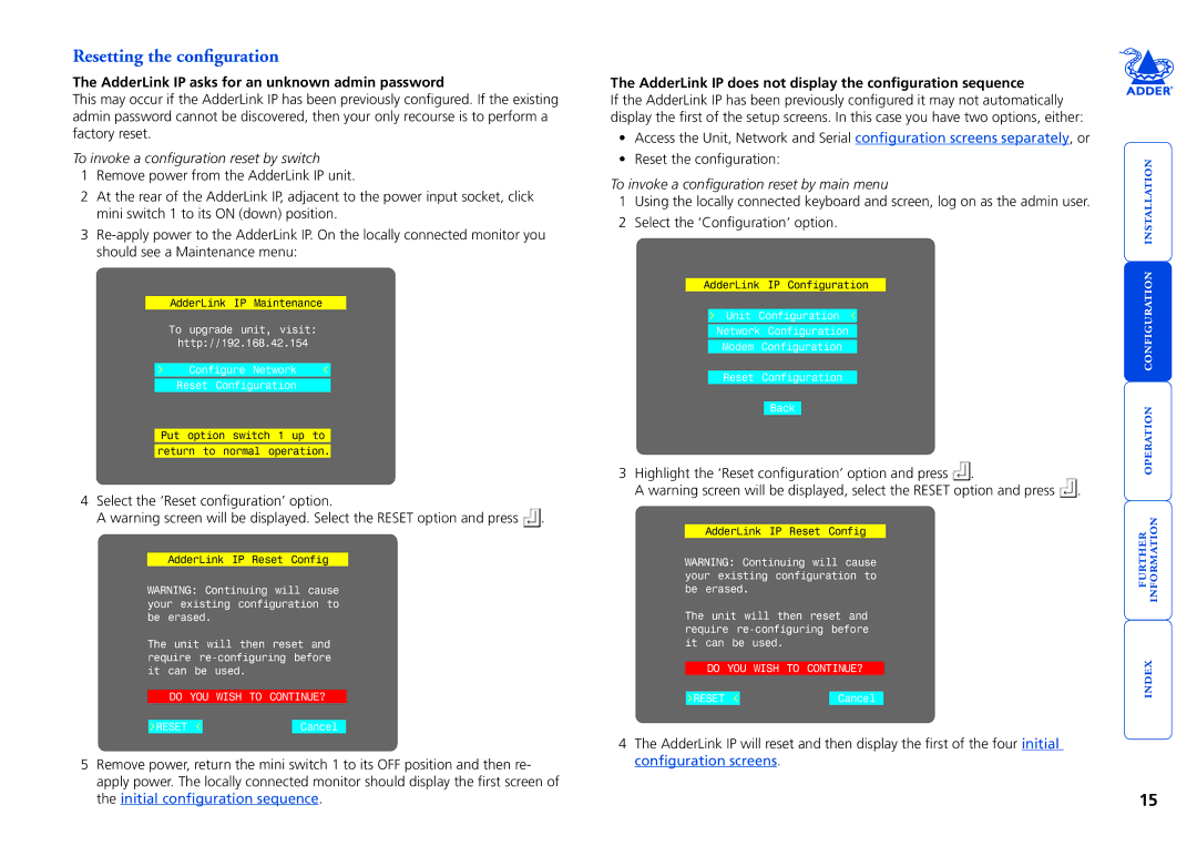 Adder Technology manual Resetting the configuration, AdderLink IP asks for an unknown admin password 