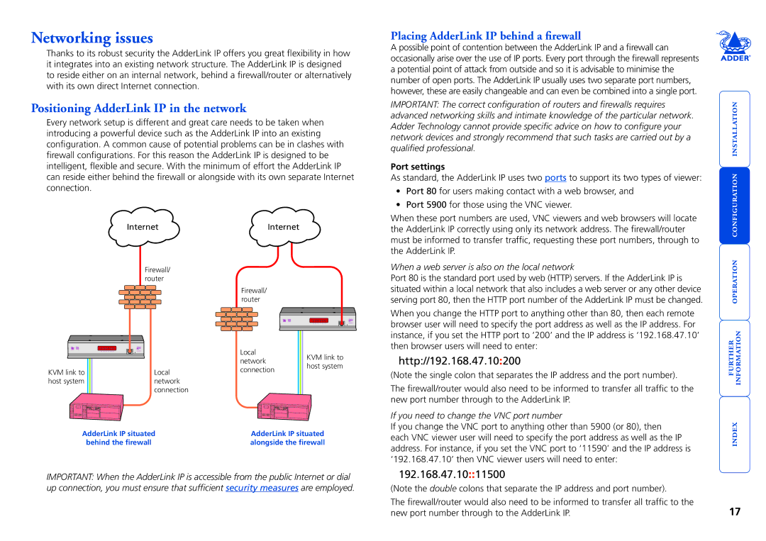 Adder Technology Networking issues, Positioning AdderLink IP in the network, Placing AdderLink IP behind a firewall 