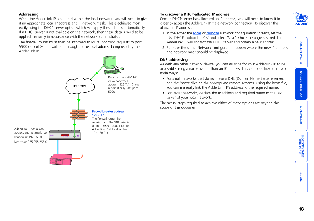 Adder Technology AdderLink IP Addressing, To discover a DHCP-allocated IP address, DNS addressing, Firewall/router address 