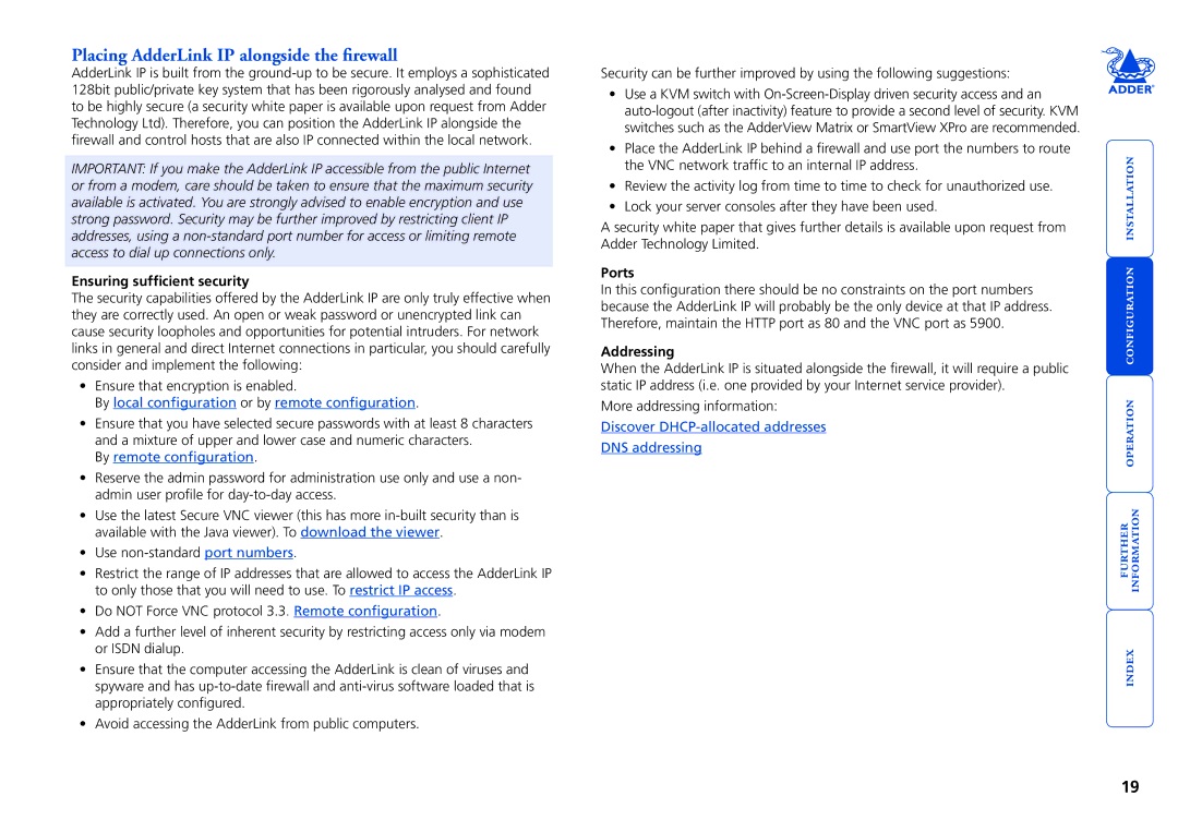 Adder Technology manual Placing AdderLink IP alongside the firewall, Ensuring sufficient security, Ports 