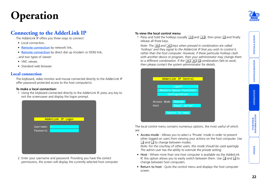 Adder Technology manual Connecting to the AdderLink IP, Local connection, To make a local connection 