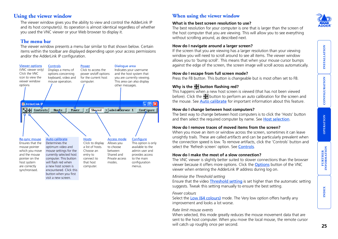 Adder Technology AdderLink IP manual Using the viewer window, Menu bar, When using the viewer window 