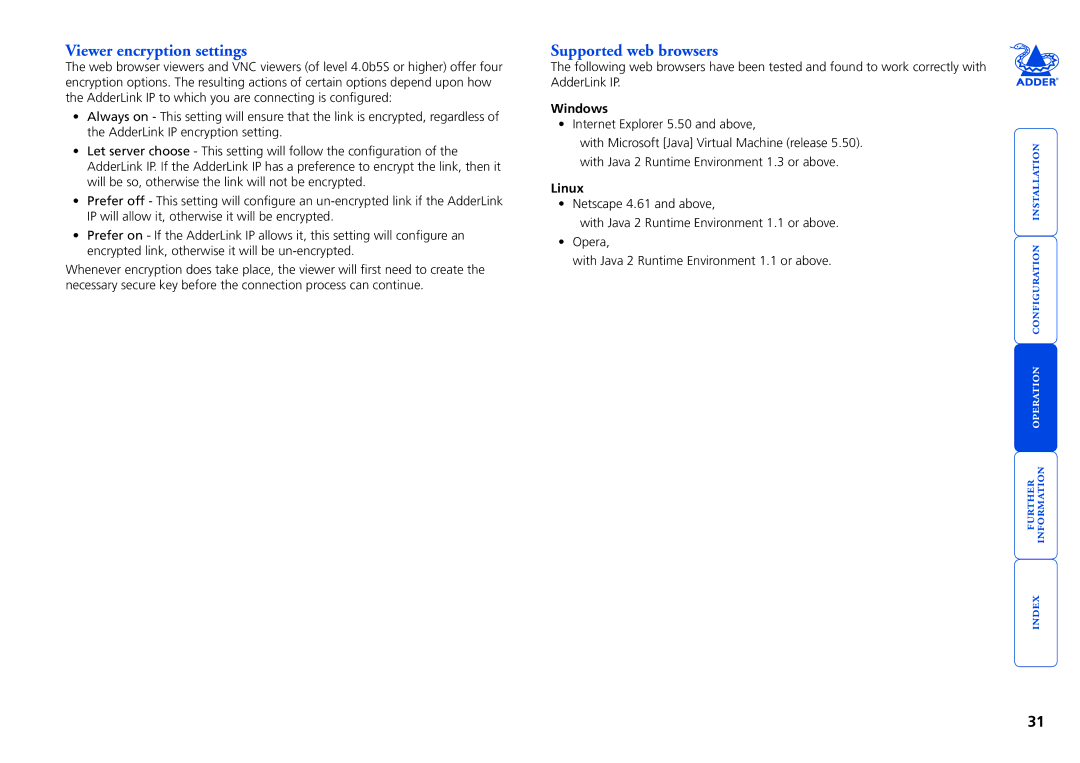 Adder Technology AdderLink IP manual Viewer encryption settings, Supported web browsers, Windows, Linux 