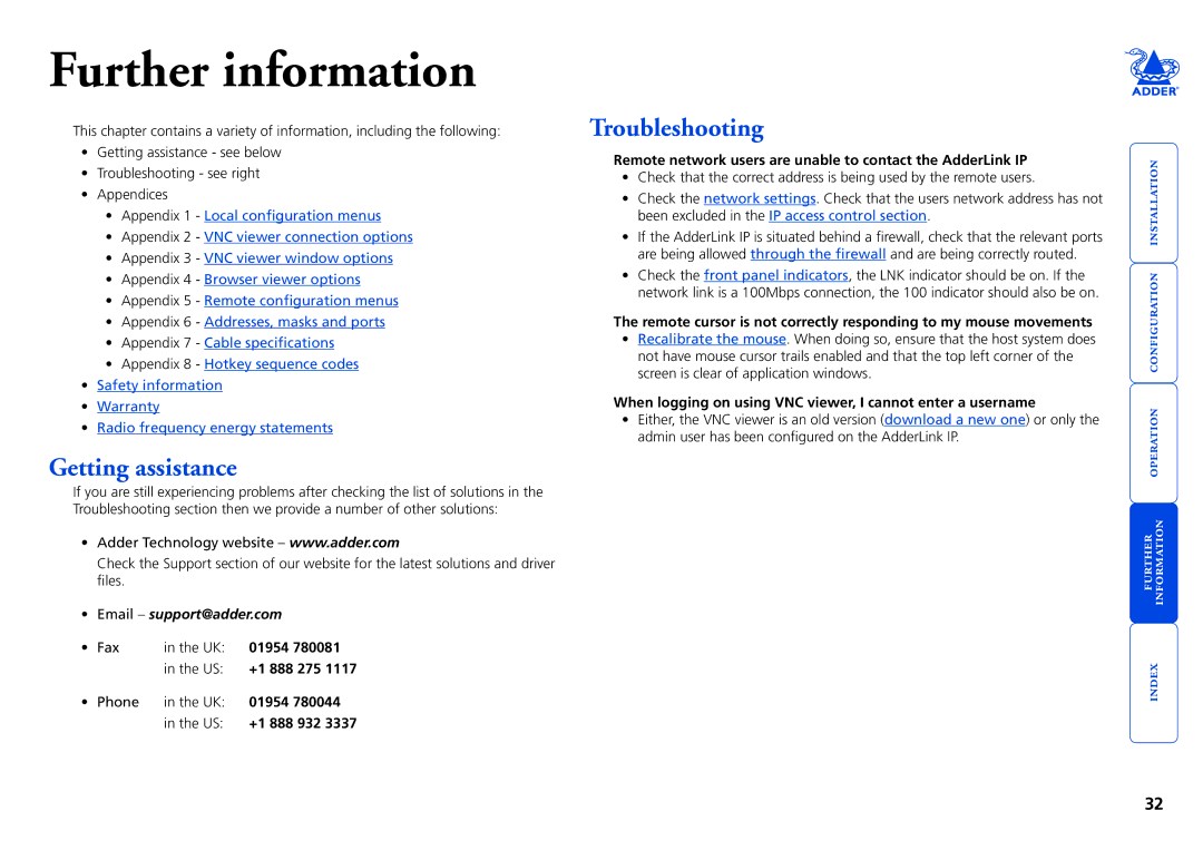 Adder Technology AdderLink IP manual Getting assistance, Troubleshooting, US +1 888 275 