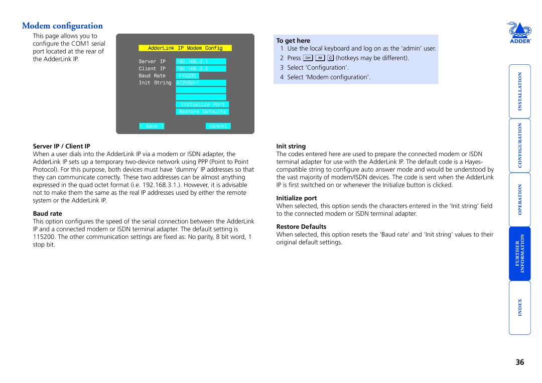 Adder Technology AdderLink IP manual Modem configuration 