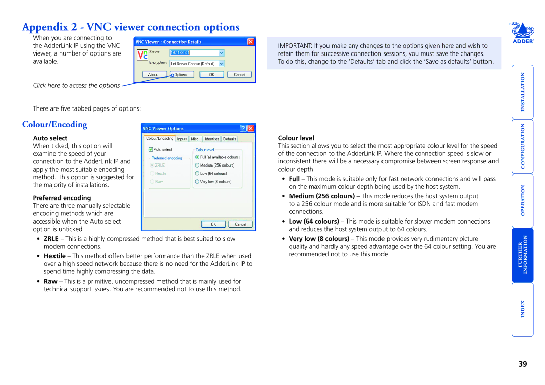 Adder Technology AdderLink IP Appendix 2 VNC viewer connection options, Colour/Encoding, Auto select, Preferred encoding 