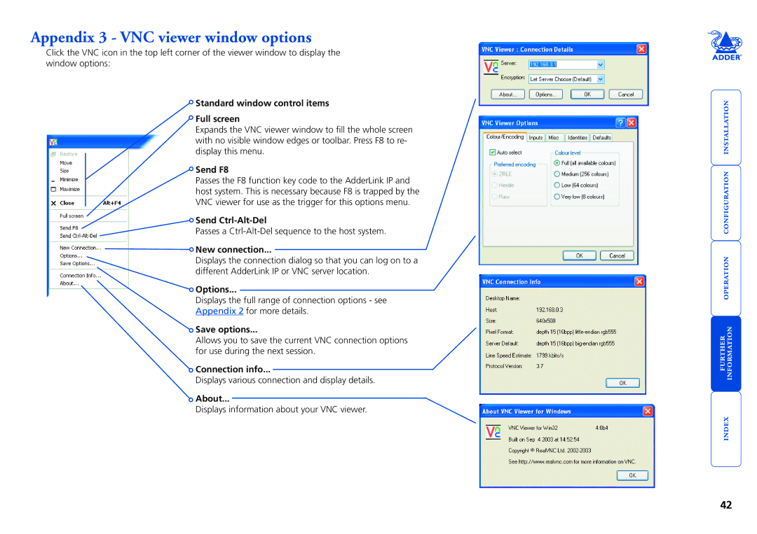 Adder Technology AdderLink IP manual Appendix 3 VNC viewer window options 