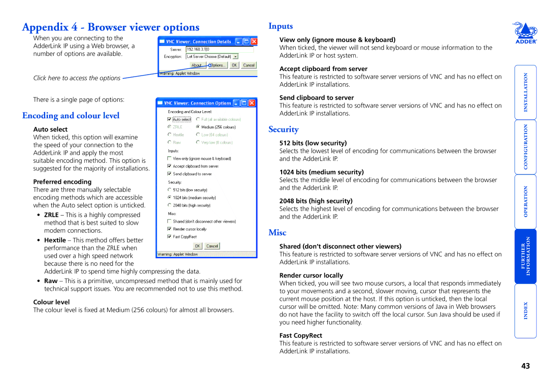 Adder Technology AdderLink IP manual Appendix 4 Browser viewer options, Encoding and colour level, Security 