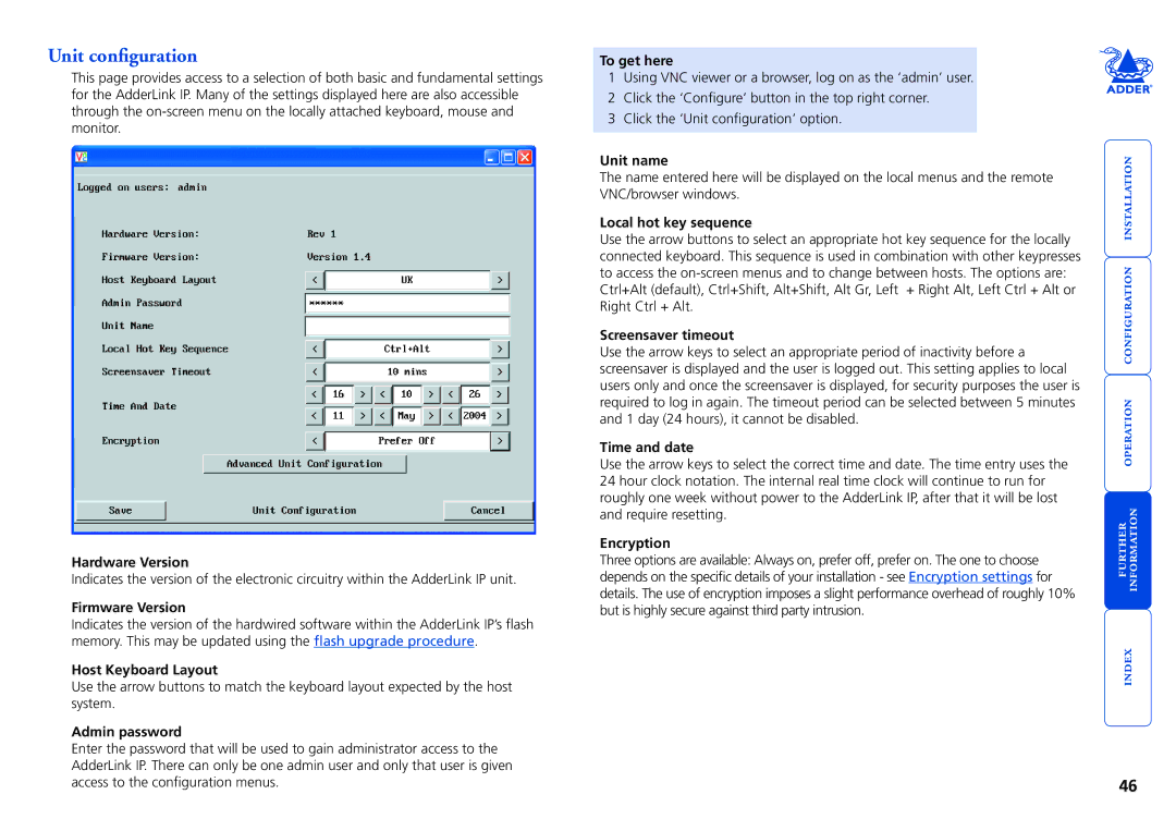 Adder Technology AdderLink IP manual Hardware Version, Firmware Version, Host Keyboard Layout, Local hot key sequence 