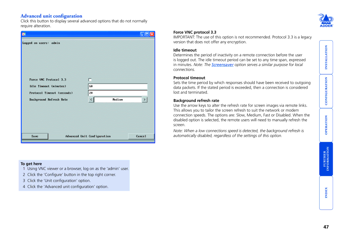 Adder Technology AdderLink IP manual Advanced unit configuration, Force VNC protocol, Idle timeout, Protocol timeout 