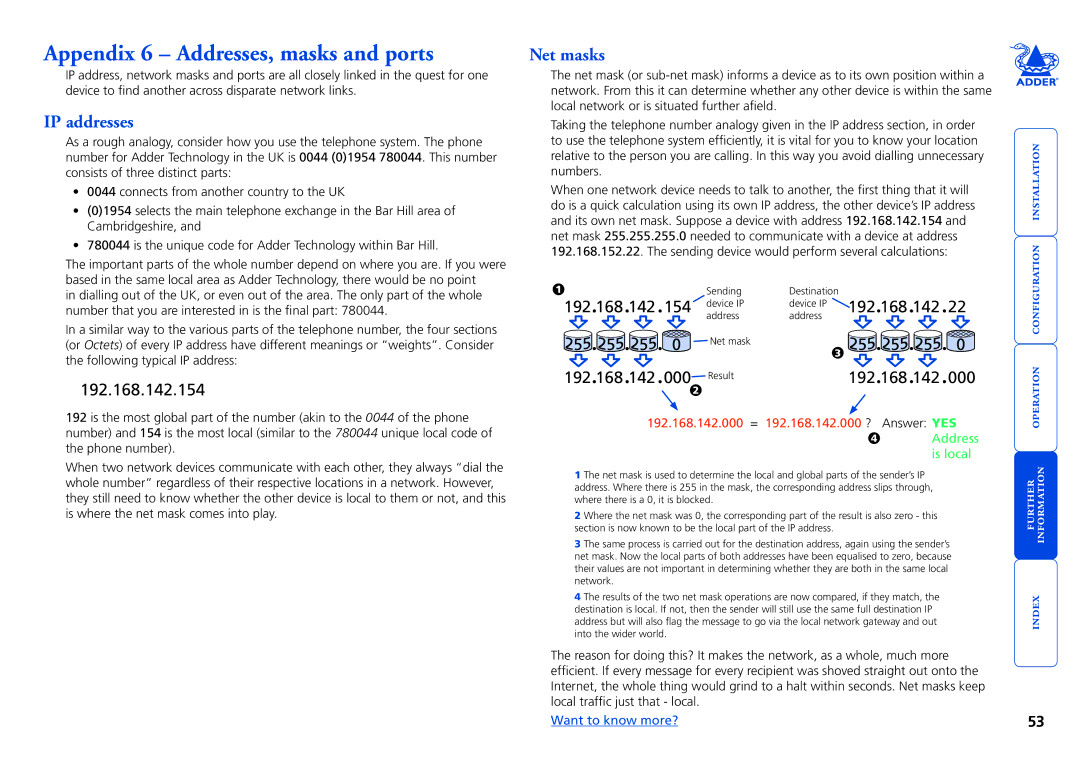 Adder Technology AdderLink IP manual Appendix 6 Addresses, masks and ports, IP addresses, Net masks 