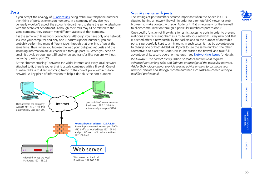 Adder Technology AdderLink IP manual Ports, Security issues with ports, Router/firewall address 