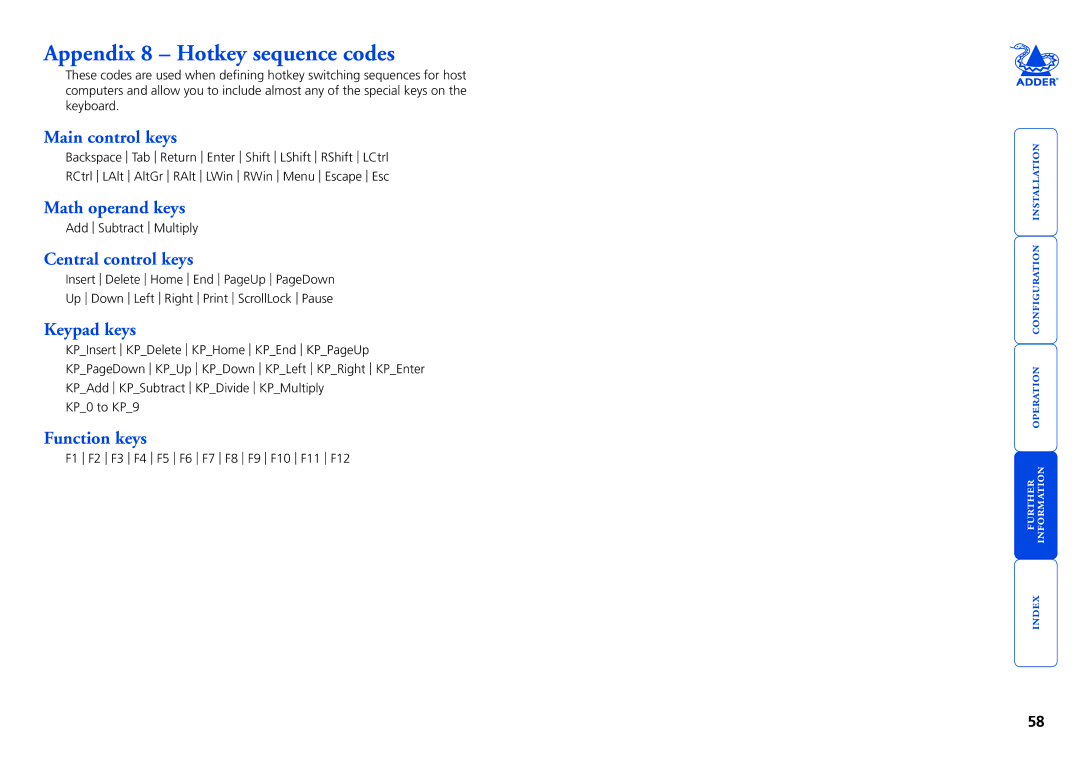 Adder Technology AdderLink IP manual Appendix 8 Hotkey sequence codes 