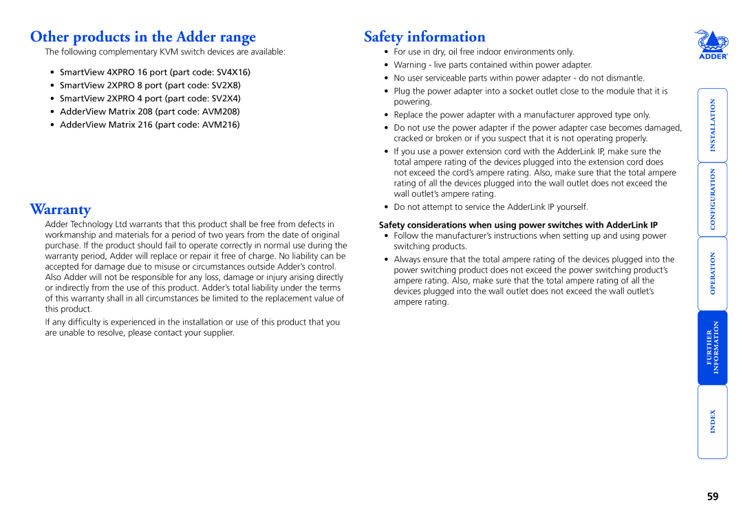 Adder Technology AdderLink IP manual Other products in the Adder range, Warranty, Safety information 