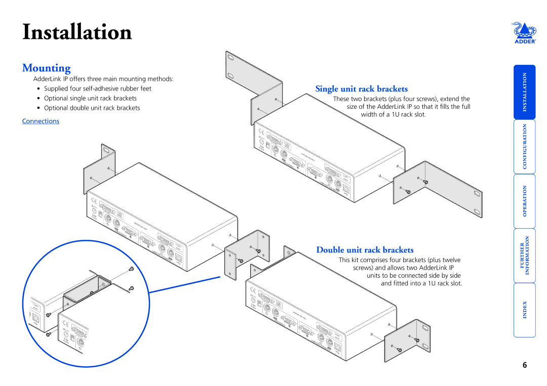 Adder Technology AdderLink IP Mounting, Single unit rack brackets, Double unit rack brackets,   