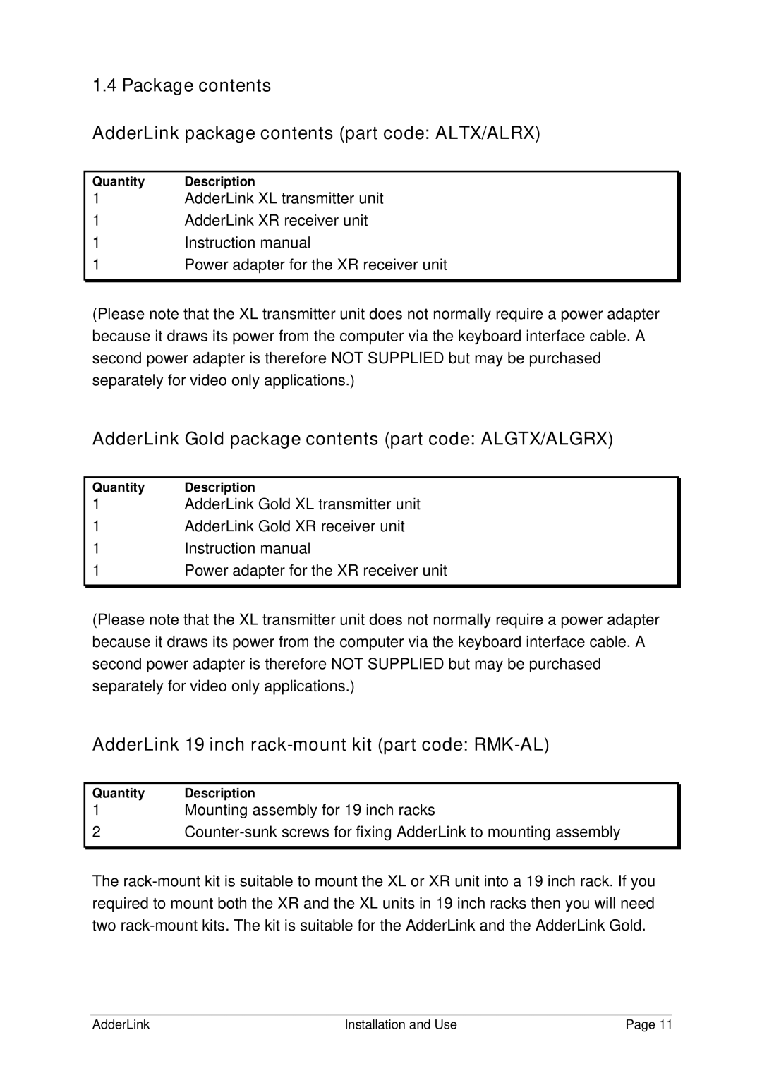 Adder Technology ALTX/ALRX, ALSTX/ALSRX manual AdderLink Gold package contents part code ALGTX/ALGRX 