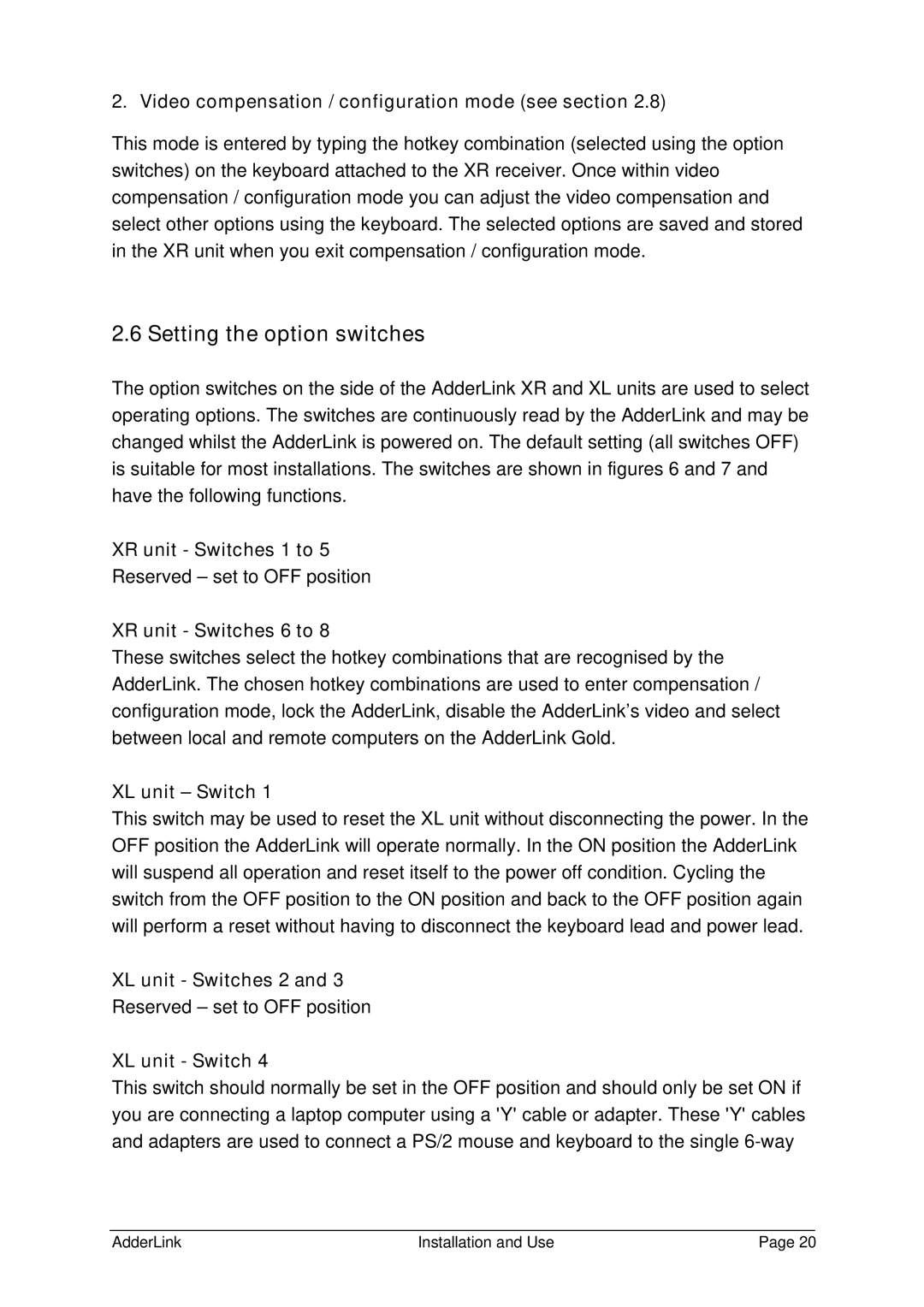 Adder Technology ALTX/ALRX, ALSTX/ALSRX, ALGTX/ALGRX manual Setting the option switches 