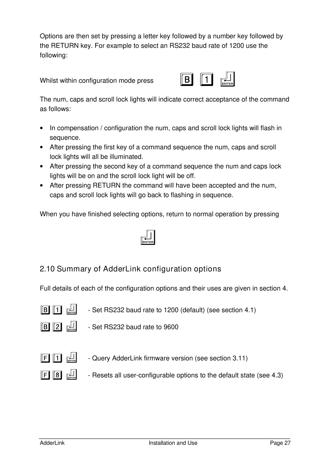 Adder Technology ALSTX/ALSRX, ALTX/ALRX, ALGTX/ALGRX manual B1f B2f F1f F8f, Summary of AdderLink configuration options 