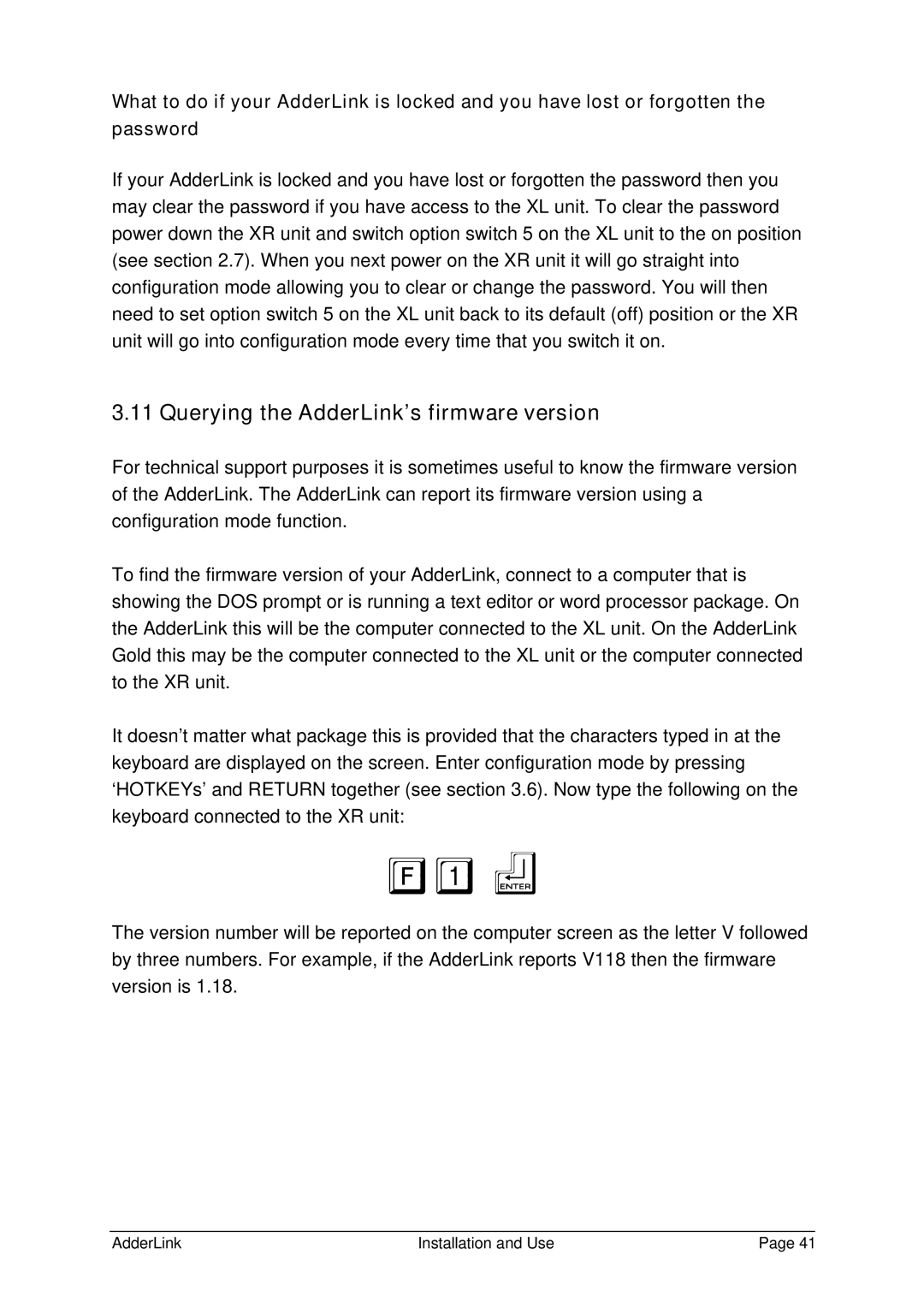 Adder Technology ALTX/ALRX, ALSTX/ALSRX, ALGTX/ALGRX manual F1f, Querying the AdderLink’s firmware version 