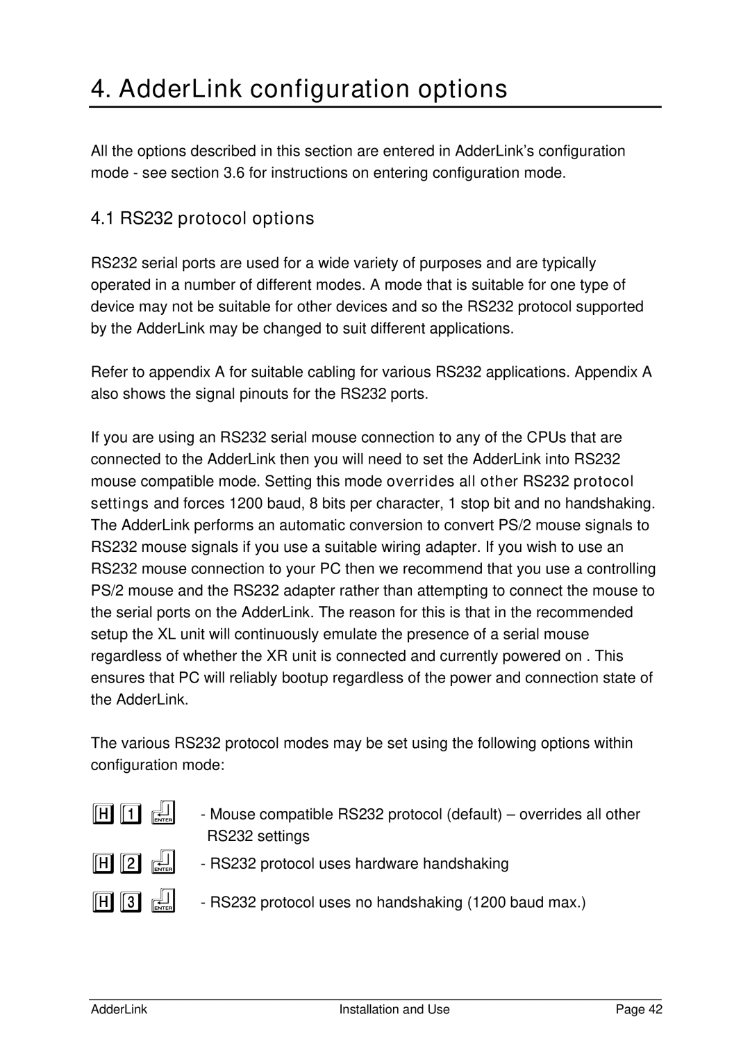 Adder Technology ALSTX/ALSRX, ALTX/ALRX, ALGTX/ALGRX manual AdderLink configuration options, H2f H3f, RS232 protocol options 