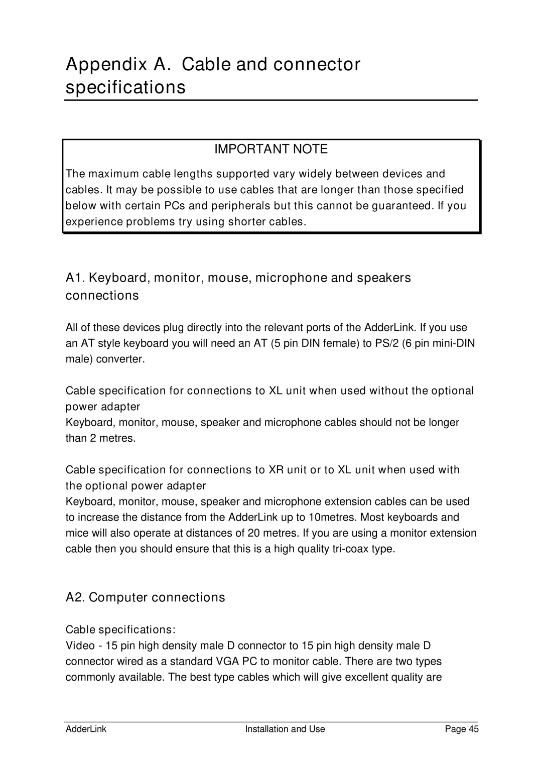 Adder Technology ALSTX/ALSRX, ALTX/ALRX manual Appendix A. Cable and connector specifications, A2. Computer connections 