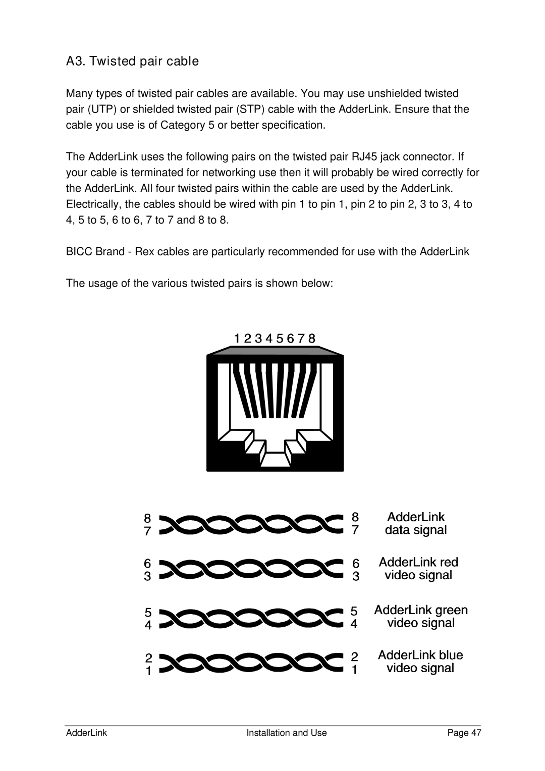 Adder Technology ALTX/ALRX, ALSTX/ALSRX, ALGTX/ALGRX manual A3. Twisted pair cable 