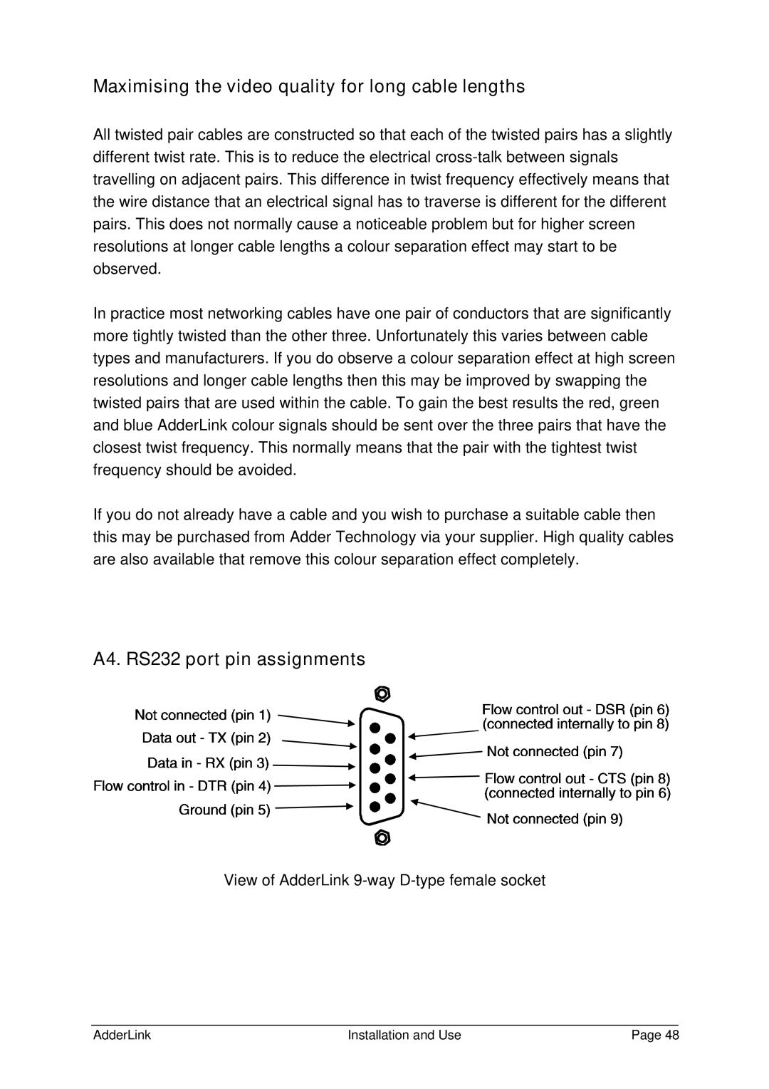 Adder Technology ALSTX/ALSRX manual Maximising the video quality for long cable lengths, A4. RS232 port pin assignments 