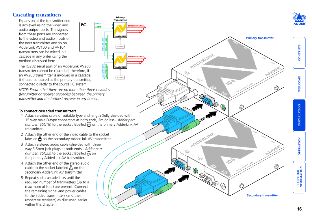 Adder Technology AV Series manual Cascading transmitters, To connect cascaded transmitters 