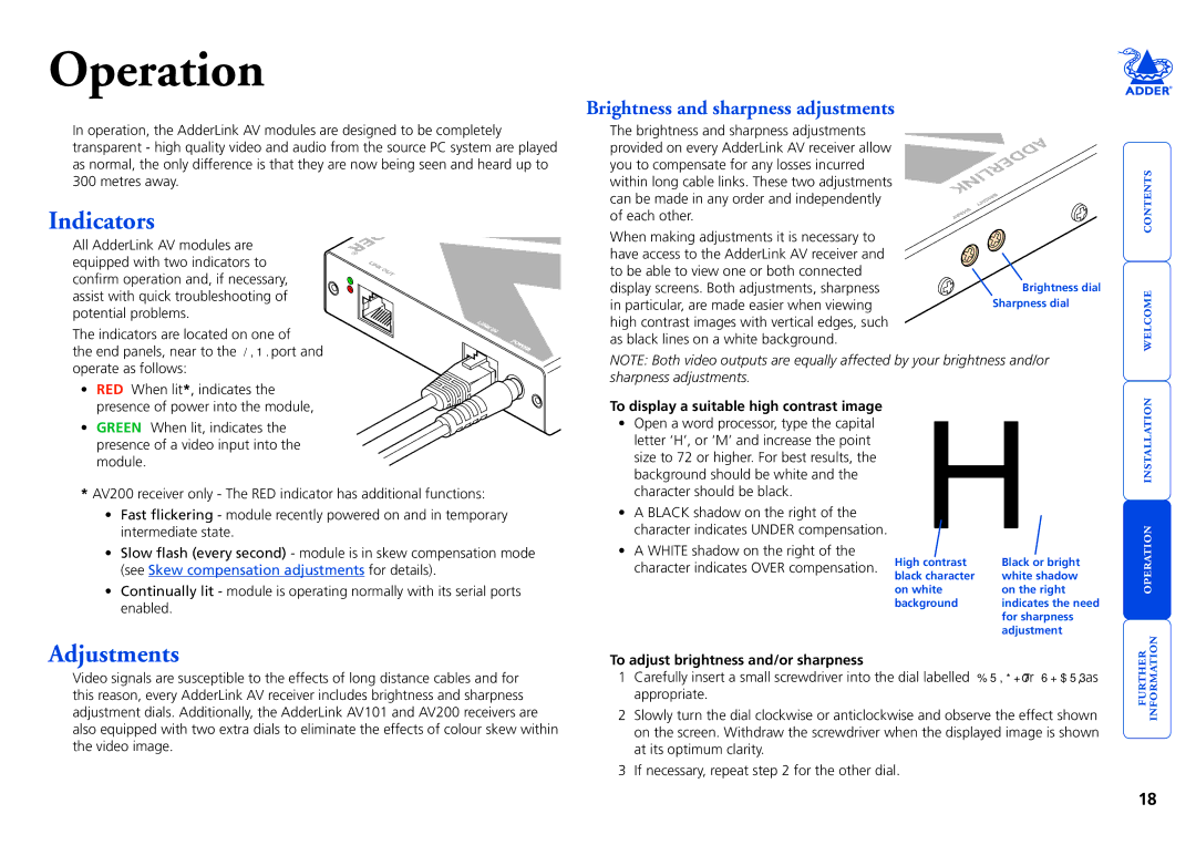 Adder Technology AV Series manual Indicators, Adjustments, To display a suitable high contrast image 