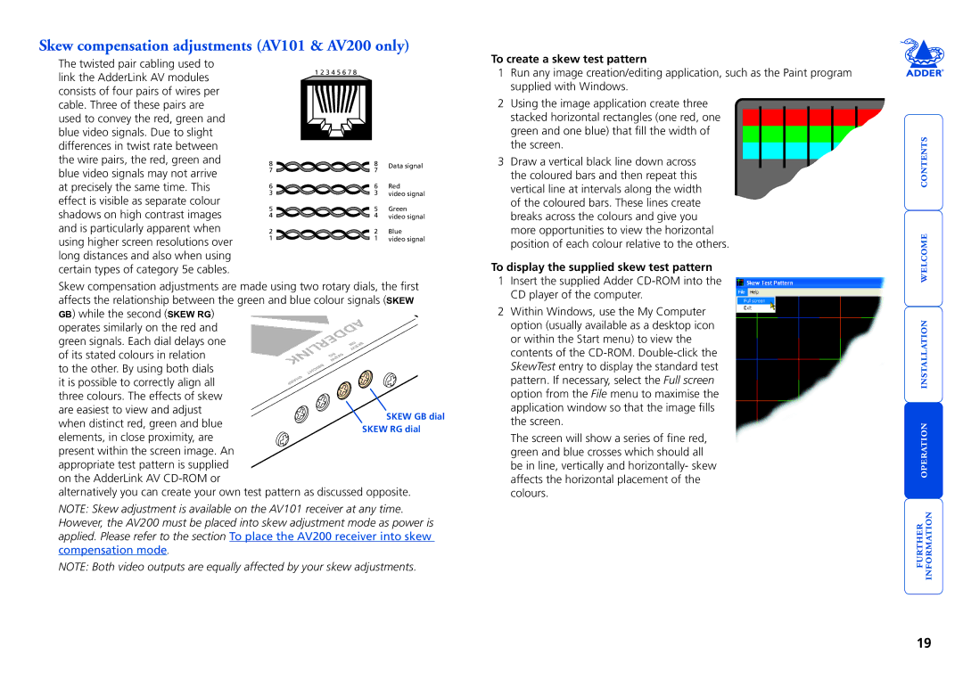 Adder Technology AV Series manual Skew compensation adjustments AV101 & AV200 only, To create a skew test pattern 