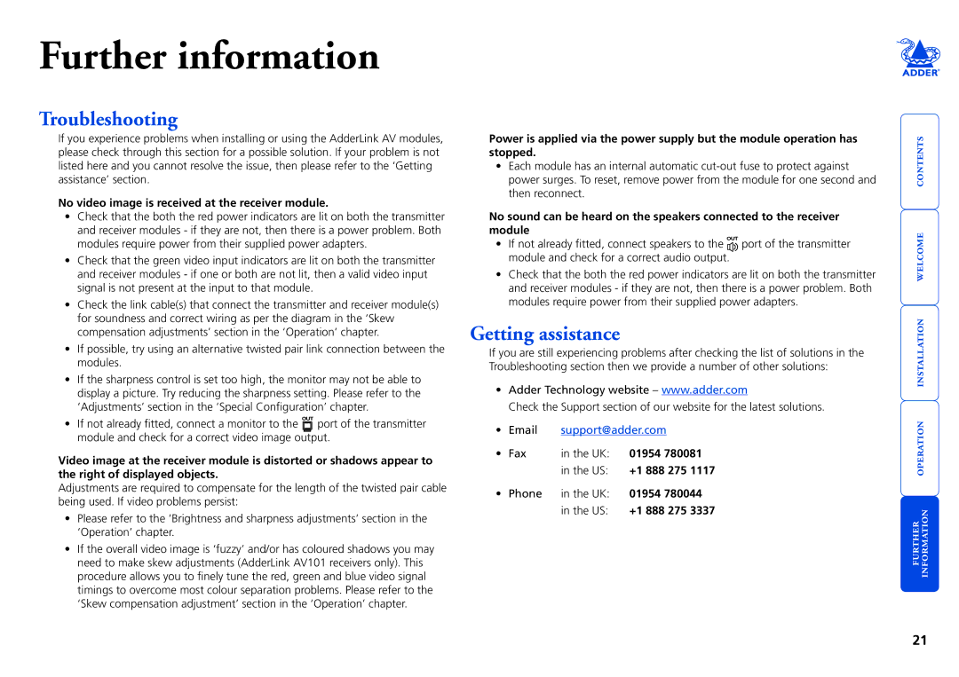 Adder Technology AV Series manual Troubleshooting, Getting assistance, No video image is received at the receiver module 