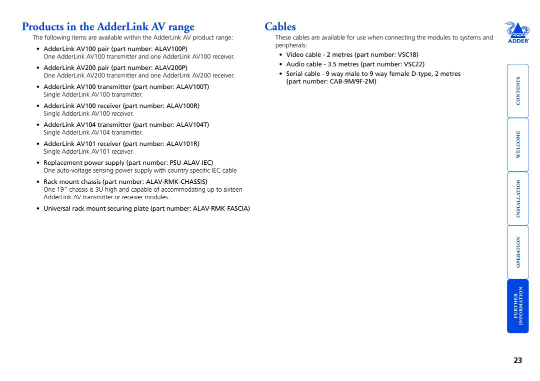 Adder Technology AV Series manual Products in the AdderLink AV range, Cables 