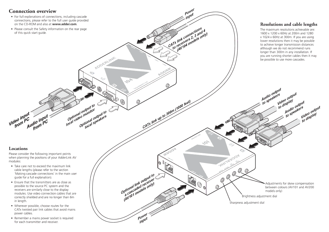 Adder Technology AV quick start Connection overview, Resolutions and cable lengths, Input Ideo, Audio, Locations 