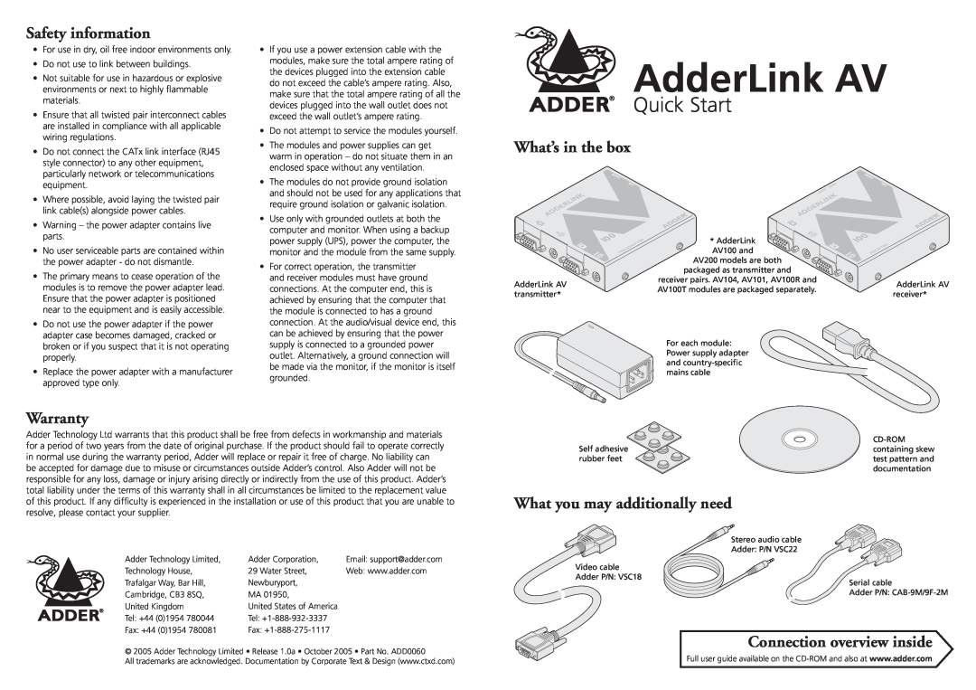 Adder Technology AV quick start Safety information, What’s in the box, Warranty, What you may additionally need 