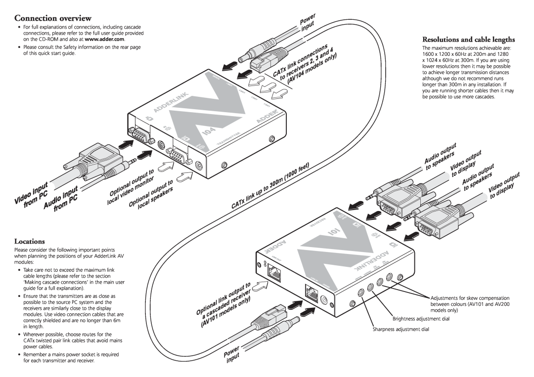 Adder Technology AV Connection overview, Resolutions and cable lengths, input, ideo, Audio, Locations, from, only, models 