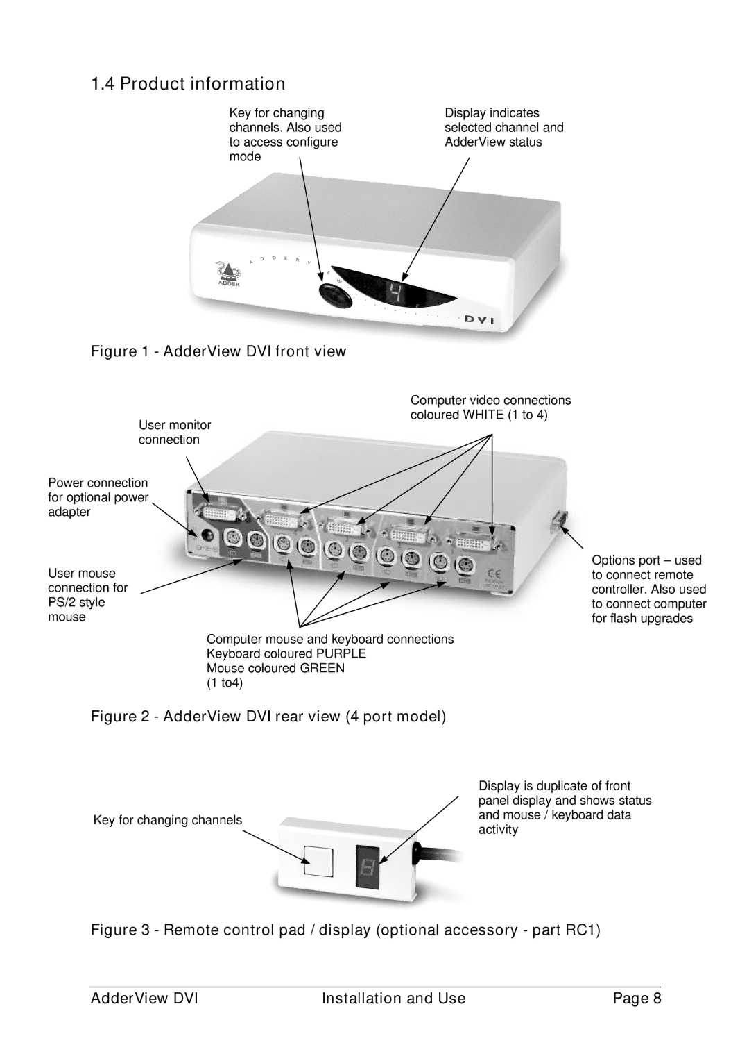 Adder Technology AV4DVI manual Product information, AdderView DVI front view 