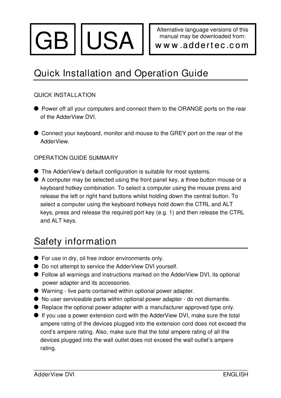 Adder Technology AV4DVI Quick Installation and Operation Guide, Safety information, Operation Guide Summary, AdderView DVI 