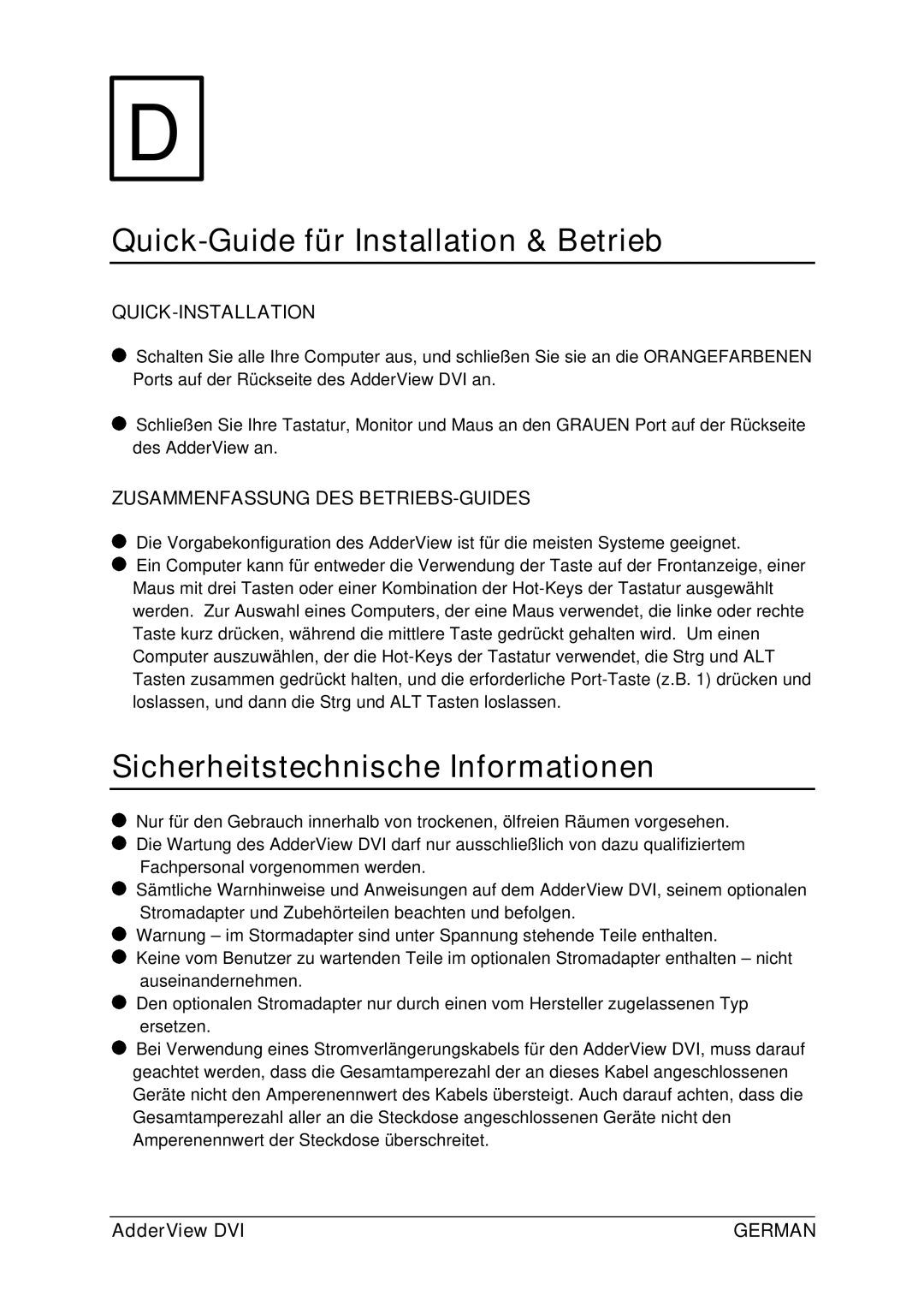 Adder Technology AV4DVI Quick-Guide für Installation & Betrieb, Sicherheitstechnische Informationen, Quick-Installation 