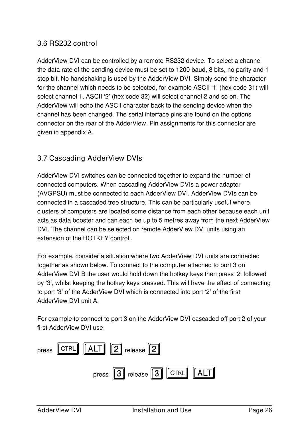 Adder Technology AV4DVI manual RS232 control, Cascading AdderView DVIs 
