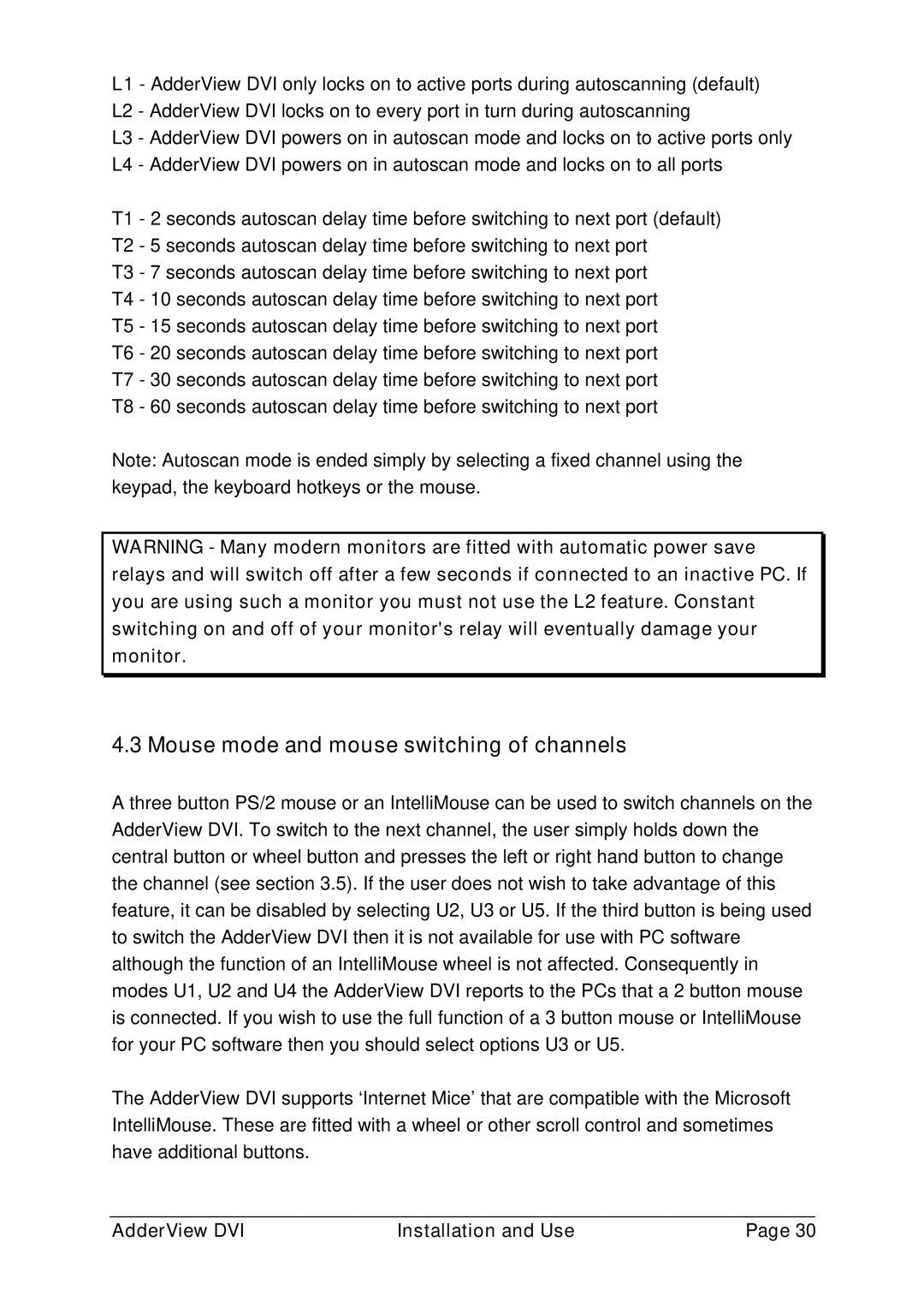 Adder Technology AV4DVI manual Mouse mode and mouse switching of channels 