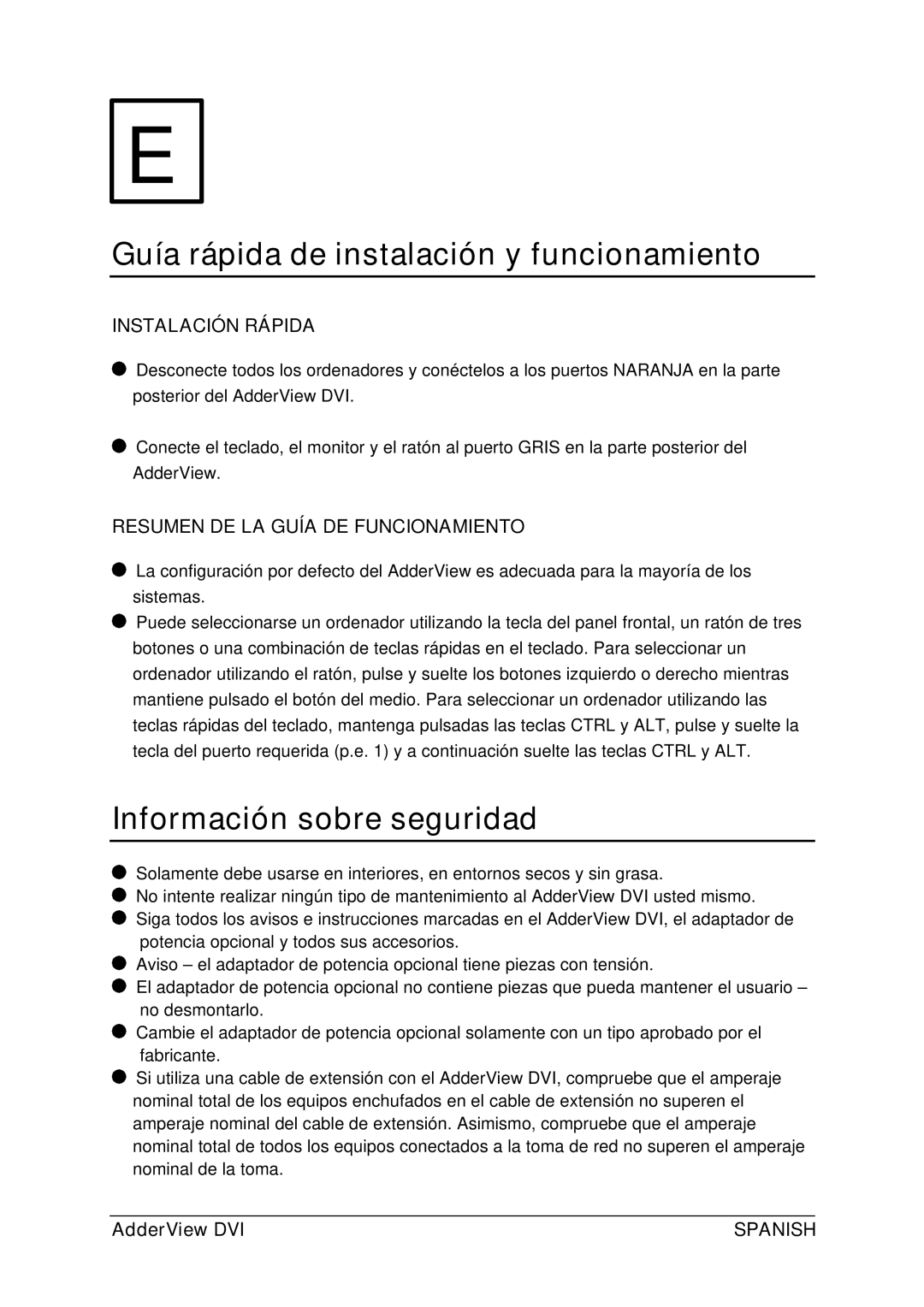 Adder Technology AV4DVI manual Guía rápida de instalación y funcionamiento, Información sobre seguridad, Instalación Rápida 